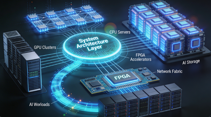 Abstract representation of complex systems engineering, with interconnected nodes and pathways symbolizing compute, data, and execution layers.